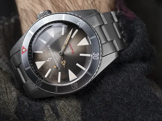 Montre de plongée au cadran gris portée au poignet